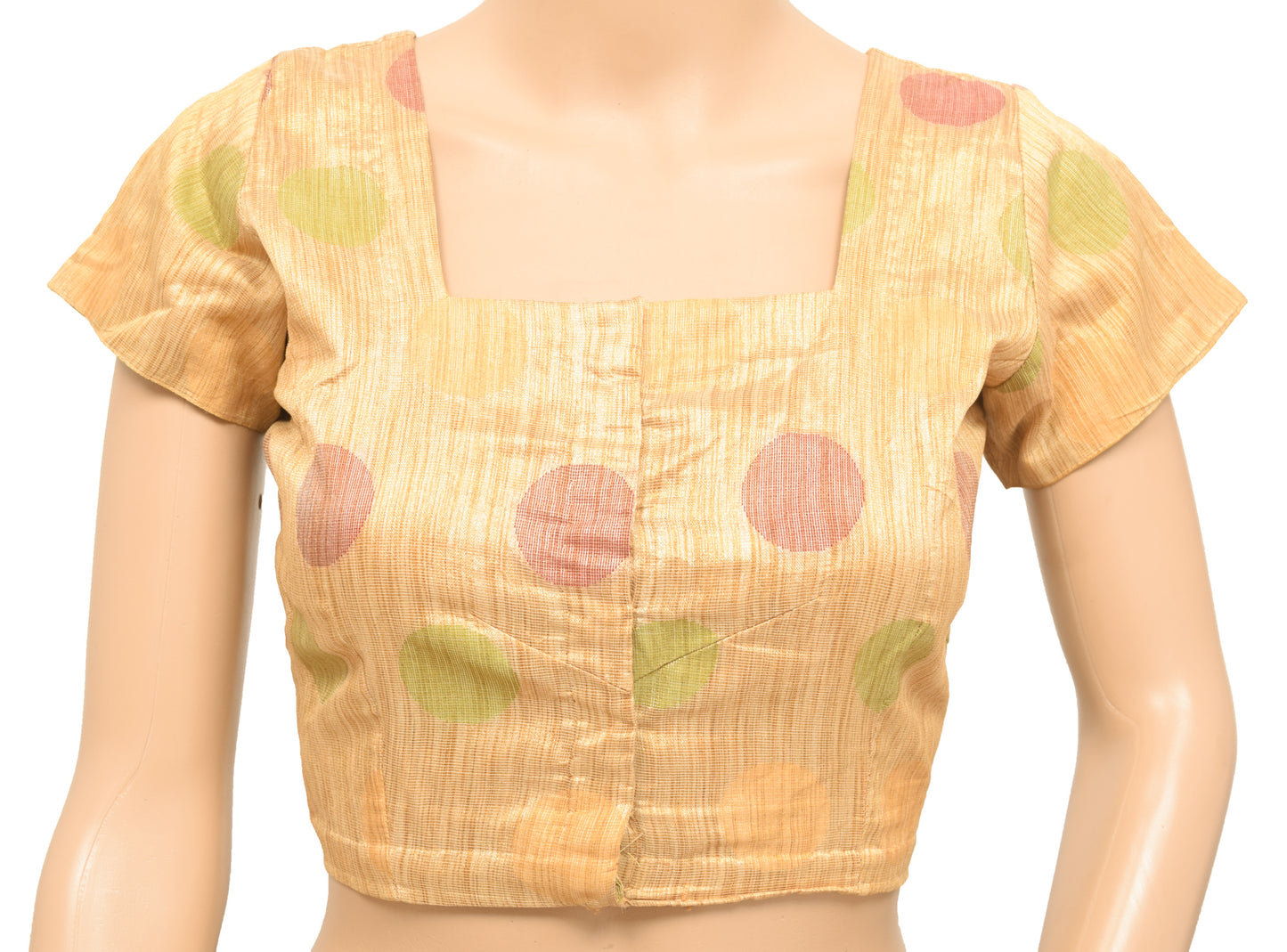 Sushila Vintage Readymade 34"Sari Blouse Brown Silk Polka Dot Woven Top