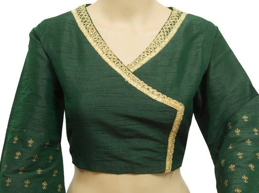 Sushila Vintage Ready To Wear Green Branded Sari Blouse Designer Silk Top 34"Size