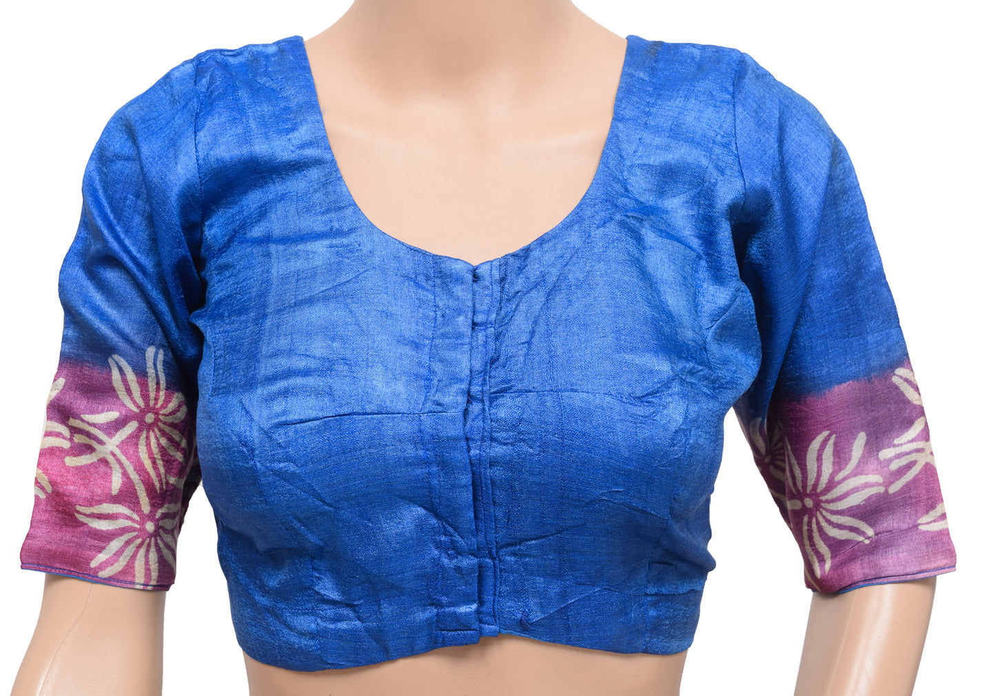 Sushila Vintage Readymade 32"Blue Pure Silk Sari Blouse Printed Simple Top