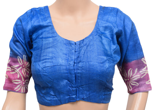 Sushila Vintage Readymade 32"Blue Pure Silk Sari Blouse Printed Simple Top