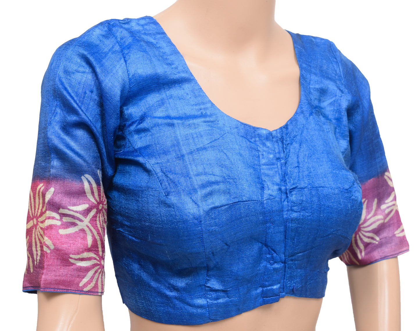 Sushila Vintage Readymade 32"Blue Pure Silk Sari Blouse Printed Simple Top
