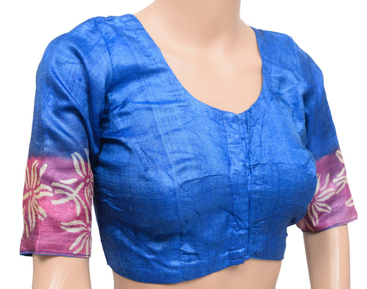 Sushila Vintage Readymade 32"Blue Pure Silk Sari Blouse Printed Simple Top