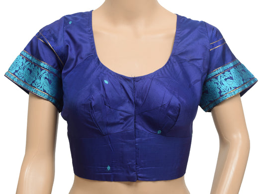 Sushila Vintage Readymade 38" Blue Pure Silk Baluchari Woven Sari Blouse