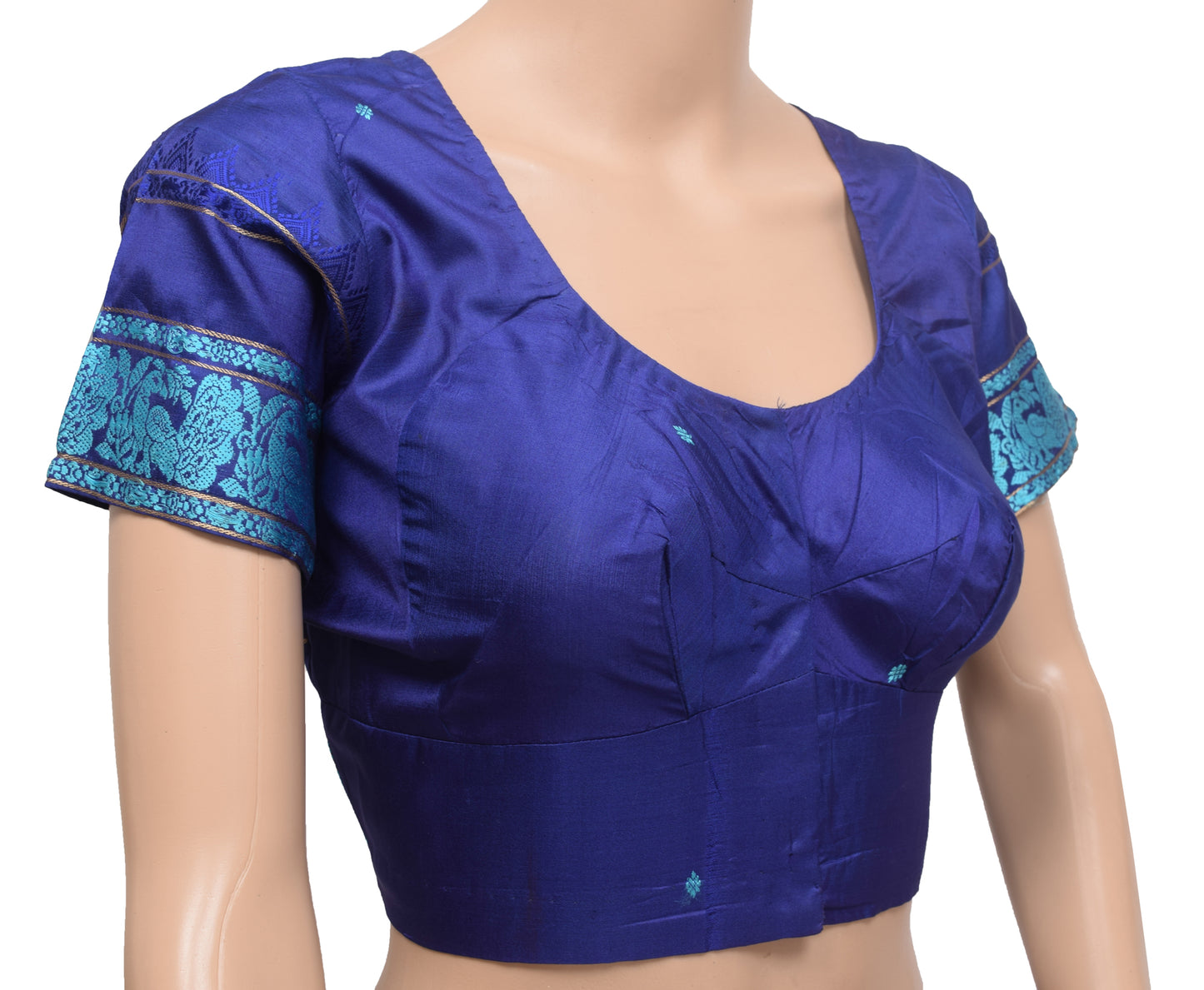 Sushila Vintage Readymade 38" Blue Pure Silk Baluchari Woven Sari Blouse
