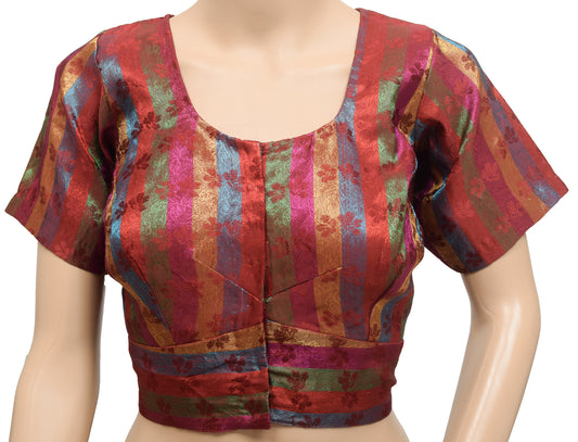 Sushila Vintage Stitched Multi-Color Floral Woven Satin Silk Sari Blouse Top 38"