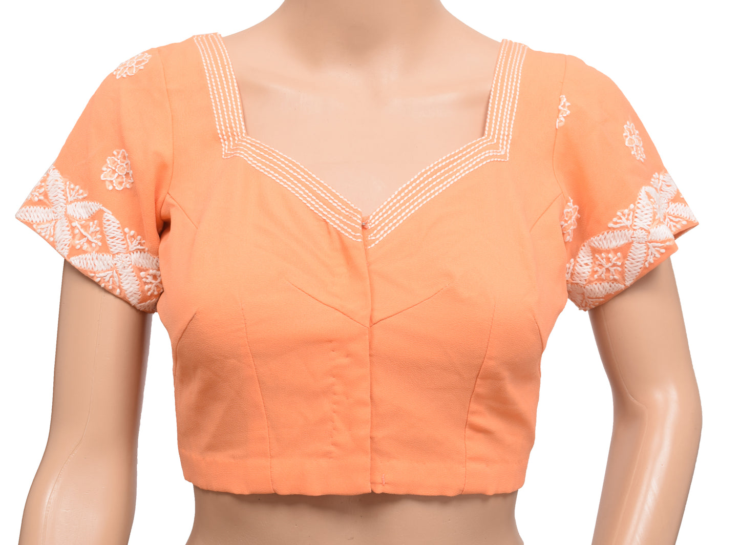 Sushila Vintage Readymade 32"Sari Blouse Orange Chikankari Embroidered Top