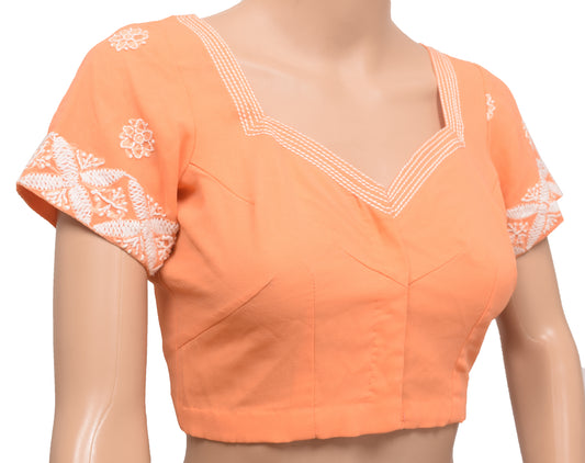 Sushila Vintage Readymade 32"Sari Blouse Orange Chikankari Embroidered Top