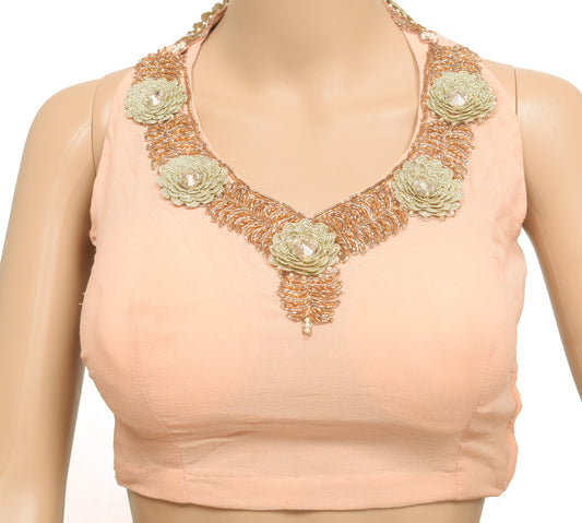 Sushila Vintage Stitched Peach Halter Neck Designer Padded Silk Sari Blouse Top 28"