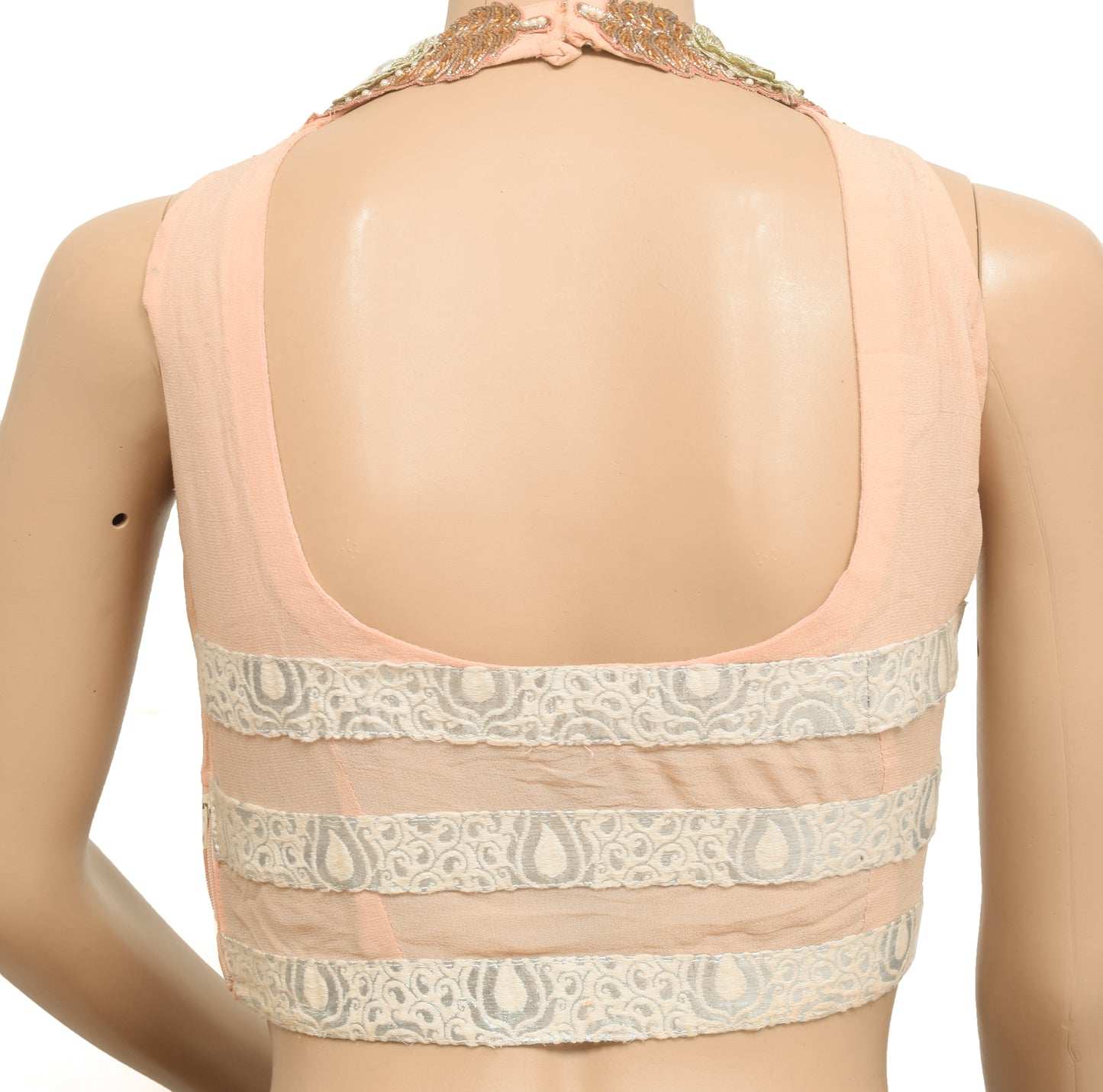Sushila Vintage Stitched Peach Halter Neck Designer Padded Silk Sari Blouse Top 28"