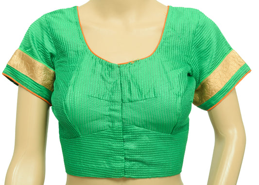 Sushila Vintage Readymade 36" Sari Blouse Green Stripe Embroidered Silk Top