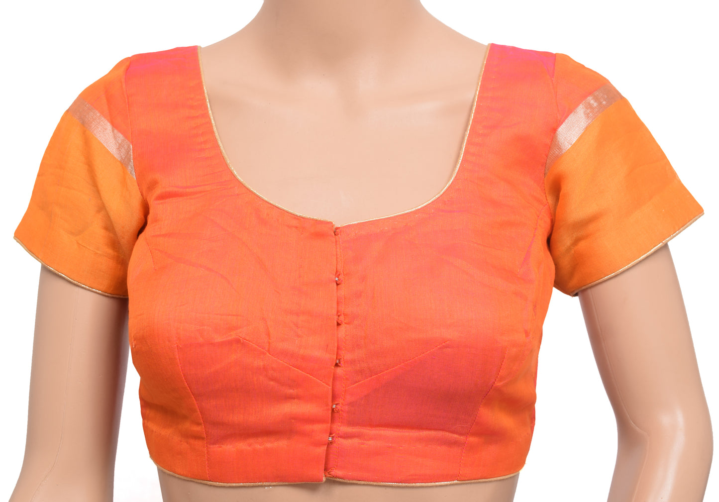 Sushila Vintage Readymade Stitched Sari Blouse Pink&Orange Cotton Silk Woven Top 30"