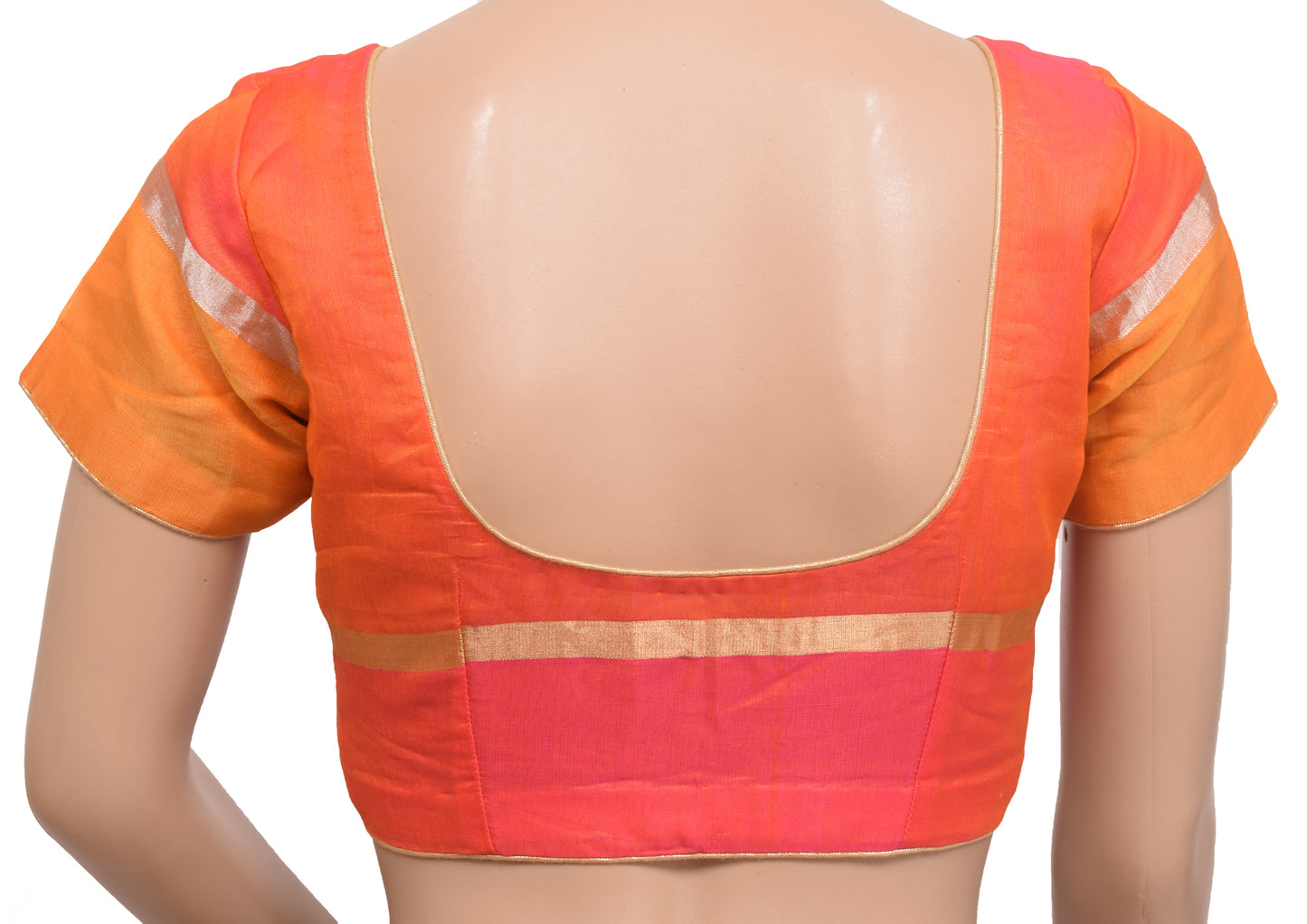 Sushila Vintage Readymade Stitched Sari Blouse Pink&Orange Cotton Silk Woven Top 30"