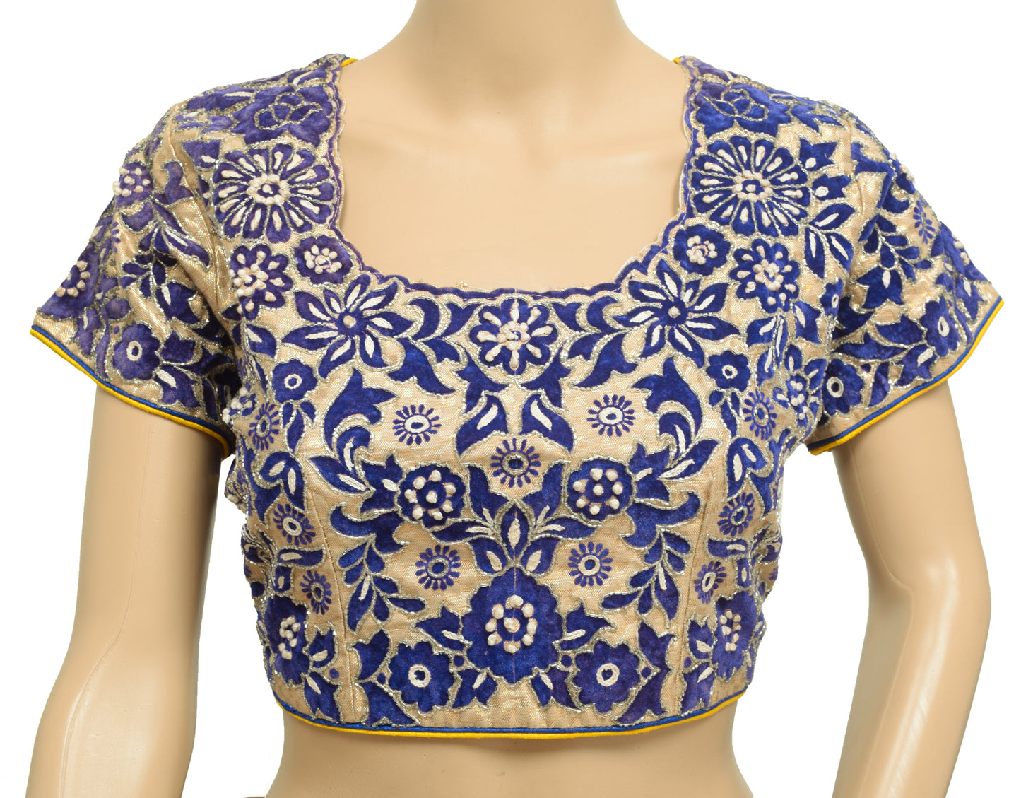 Sushila Vintage Readymade Golden Velvet Embroidered Sari Blouse Designer Choli 38"