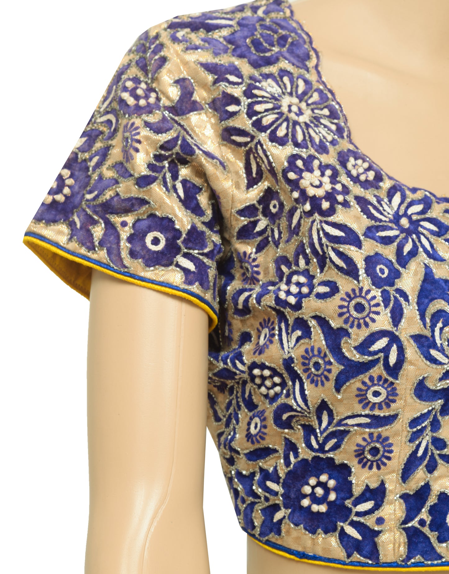 Sushila Vintage Readymade Golden Velvet Embroidered Sari Blouse Designer Choli 38"