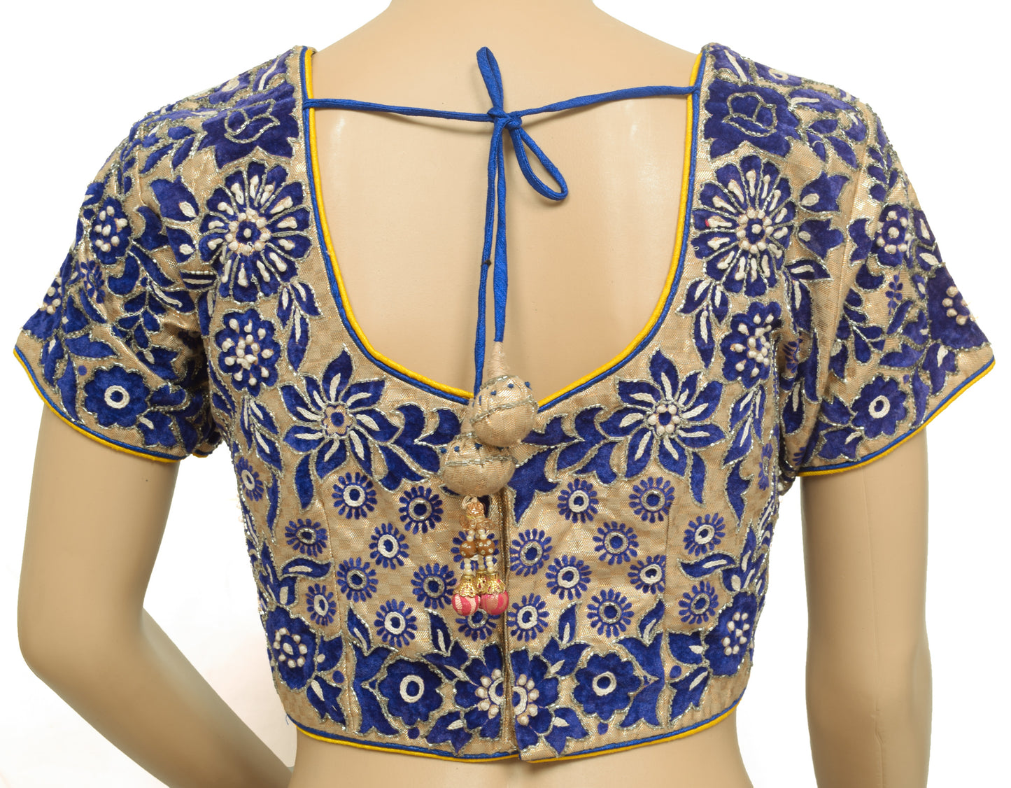 Sushila Vintage Readymade Golden Velvet Embroidered Sari Blouse Designer Choli 38"