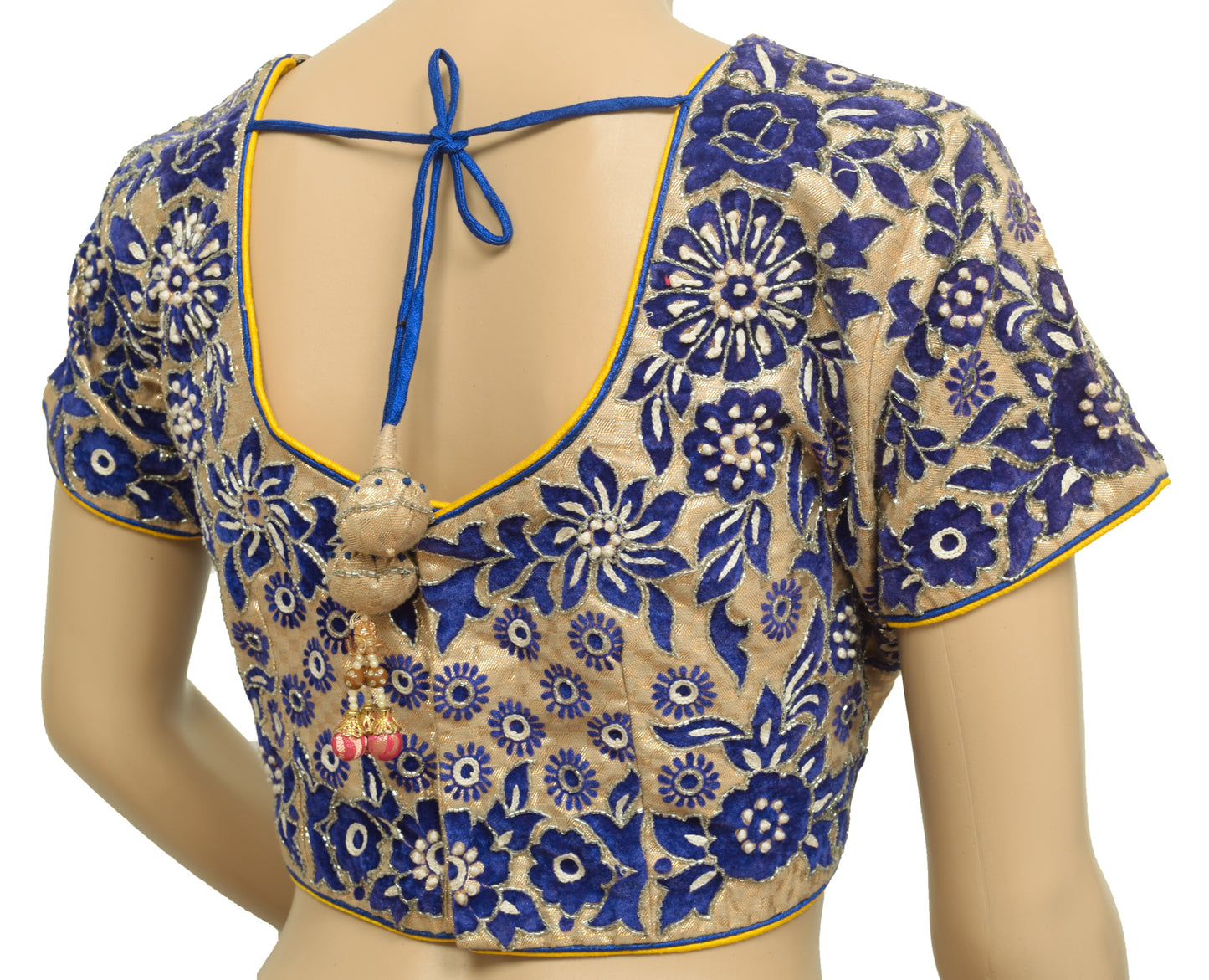 Sushila Vintage Readymade Golden Velvet Embroidered Sari Blouse Designer Choli 38"