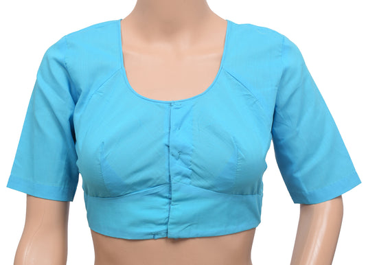 Sushila Vintage 34"Stitched Aqua Blue Plain Cotton Sari Blouse Choli Top