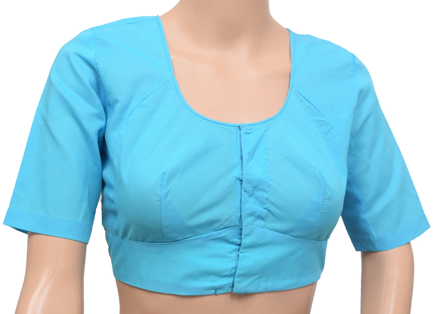 Sushila Vintage 34"Stitched Aqua Blue Plain Cotton Sari Blouse Choli Top