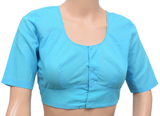 Sushila Vintage 34"Stitched Aqua Blue Plain Cotton Sari Blouse Choli Top