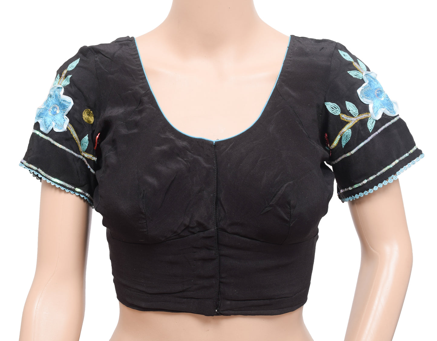 Sushila Vintage Readymade 32"Sari Blouse Black Crepe Silk Embroidered Top
