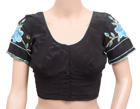 Sushila Vintage Readymade 32"Sari Blouse Black Crepe Silk Embroidered Top
