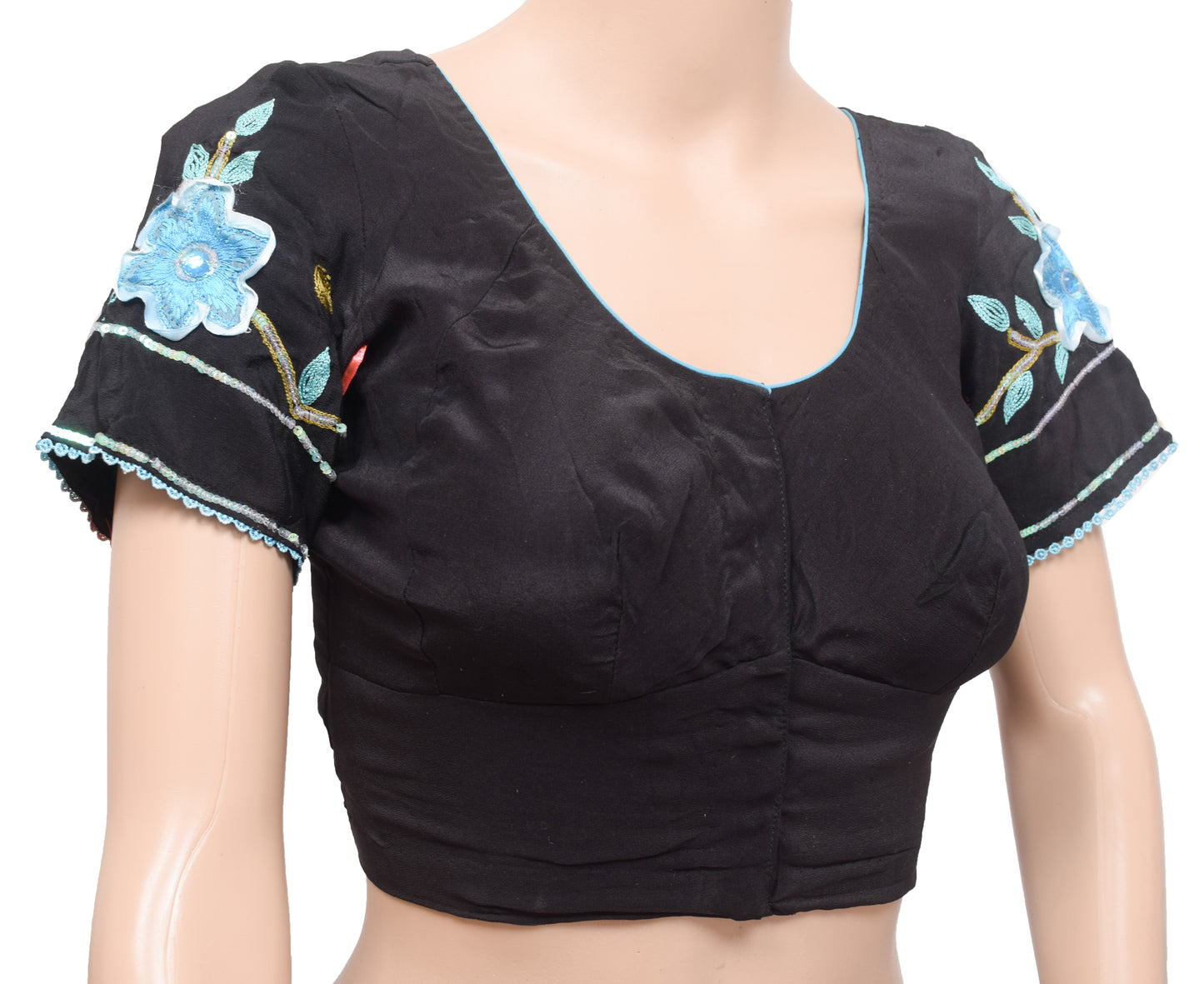 Sushila Vintage Readymade 32"Sari Blouse Black Crepe Silk Embroidered Top