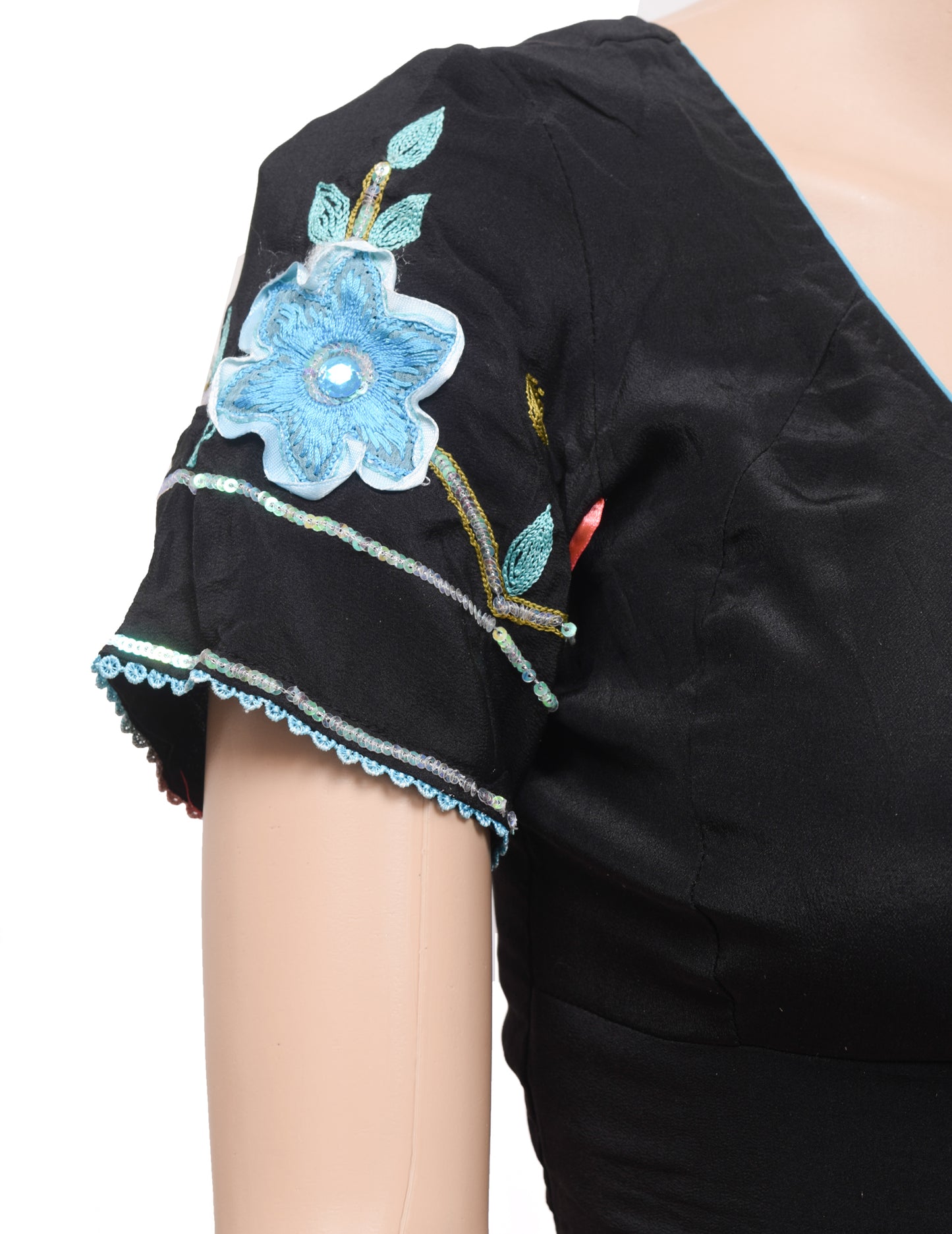 Sushila Vintage Readymade 32"Sari Blouse Black Crepe Silk Embroidered Top