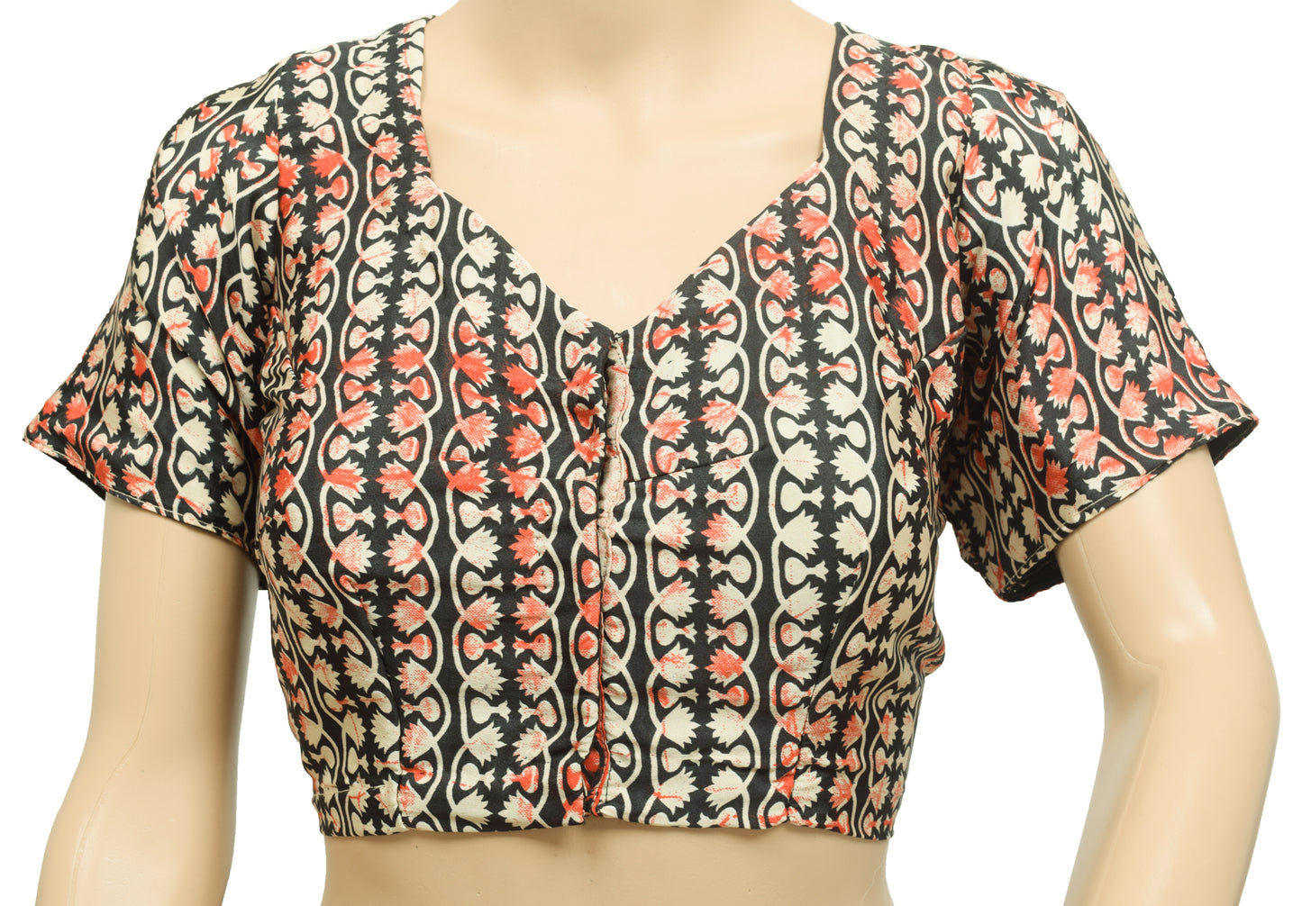 Sushila Vintage Readymade 38"Silk Sari Blouse Black Printed Floral Choli