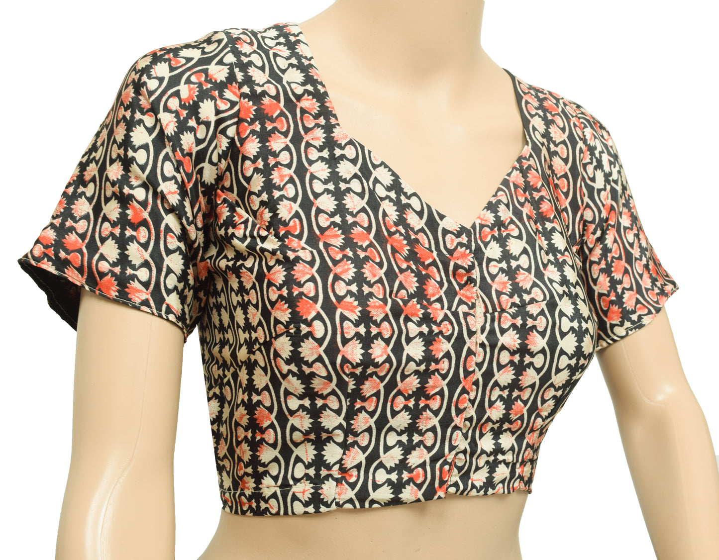 Sushila Vintage Readymade 38"Silk Sari Blouse Black Printed Floral Choli