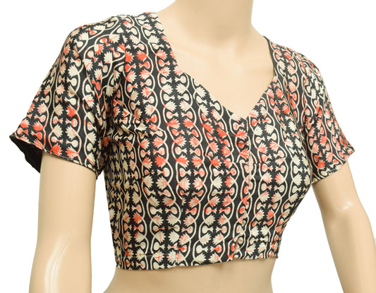 Sushila Vintage Readymade 38"Silk Sari Blouse Black Printed Floral Choli