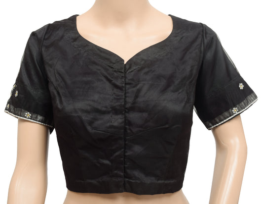 Sushila Vintage 36"Stitched Sari Blouse Black Net Floral Embroidered Top