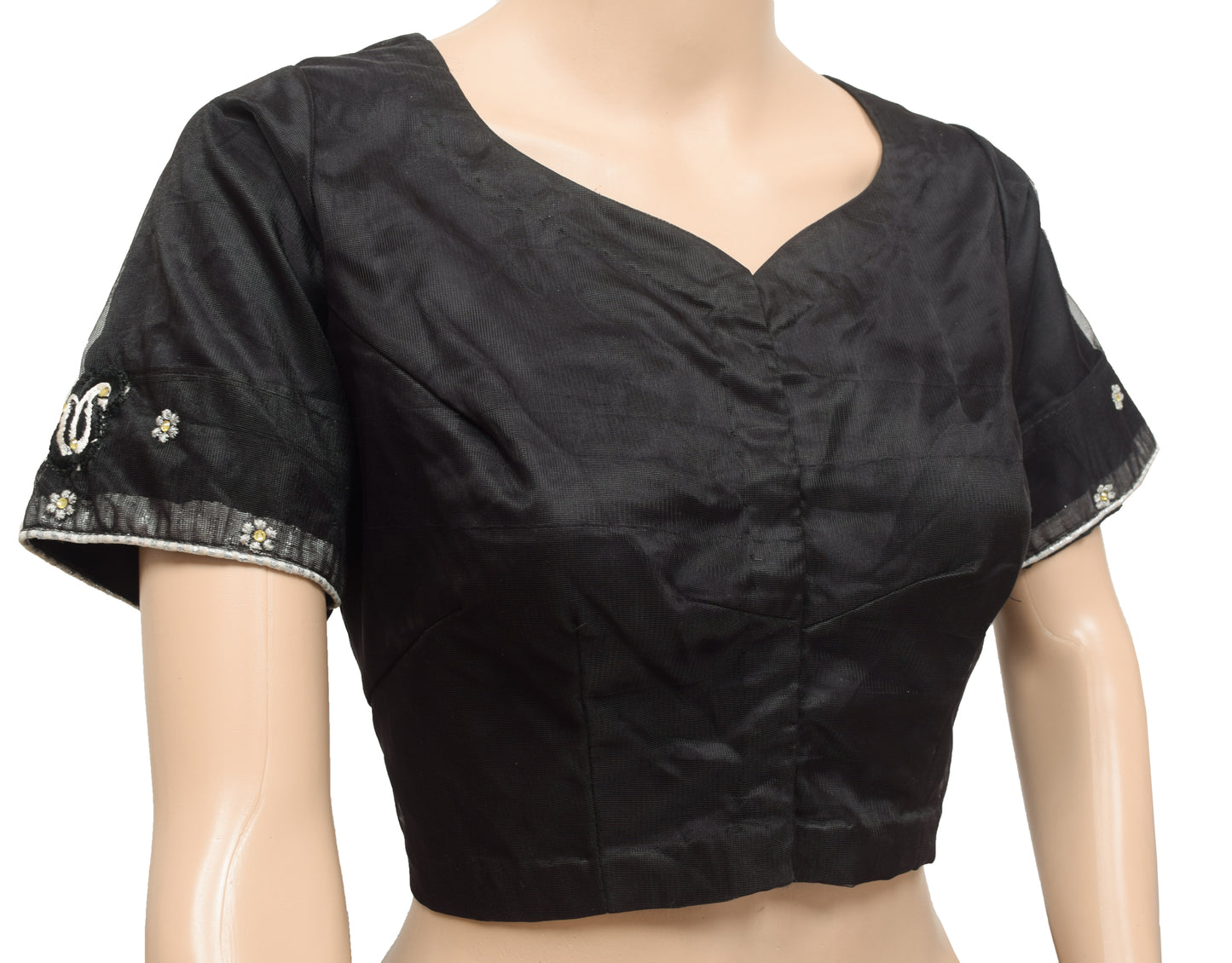 Sushila Vintage 36"Stitched Sari Blouse Black Net Floral Embroidered Top