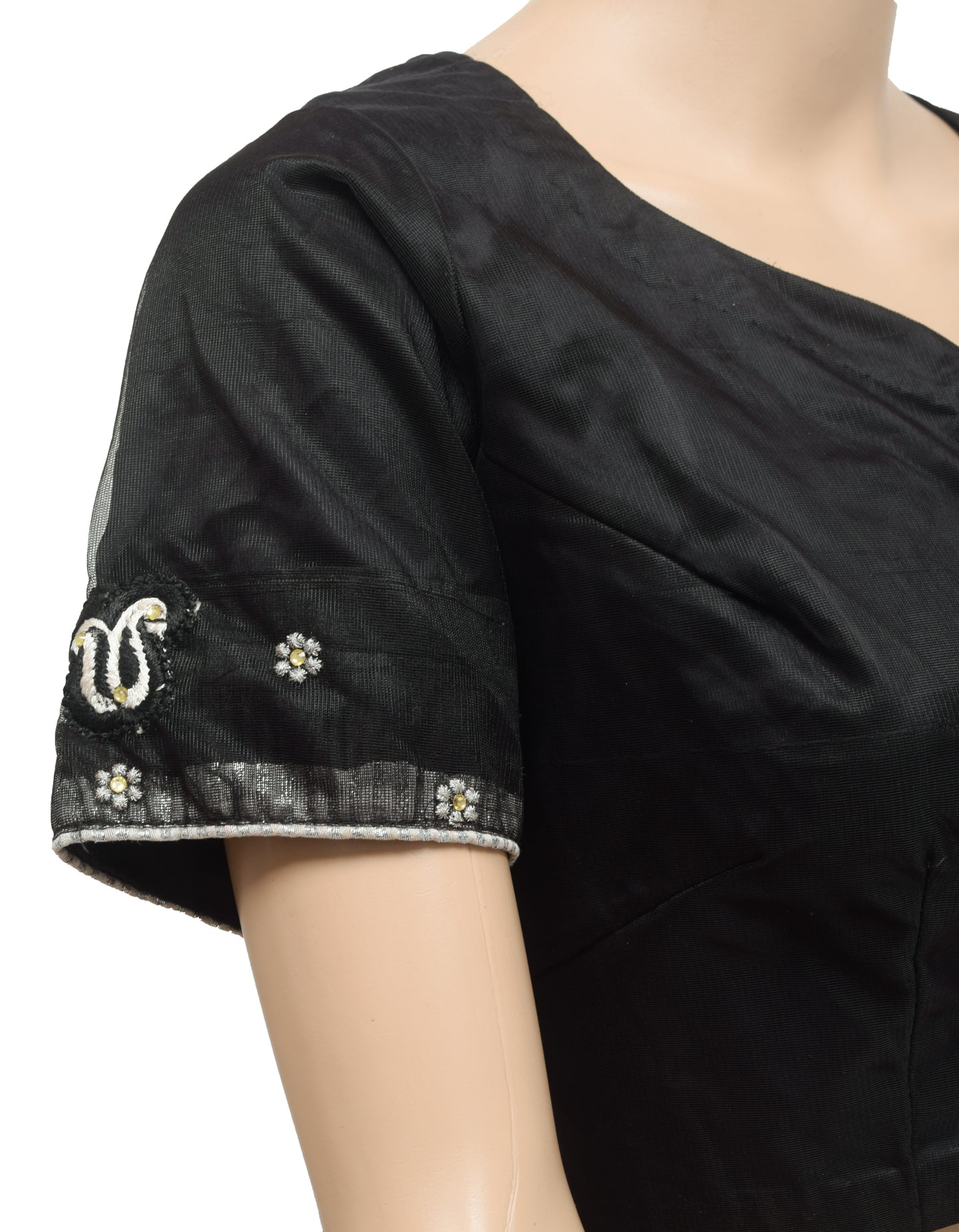 Sushila Vintage 36"Stitched Sari Blouse Black Net Floral Embroidered Top
