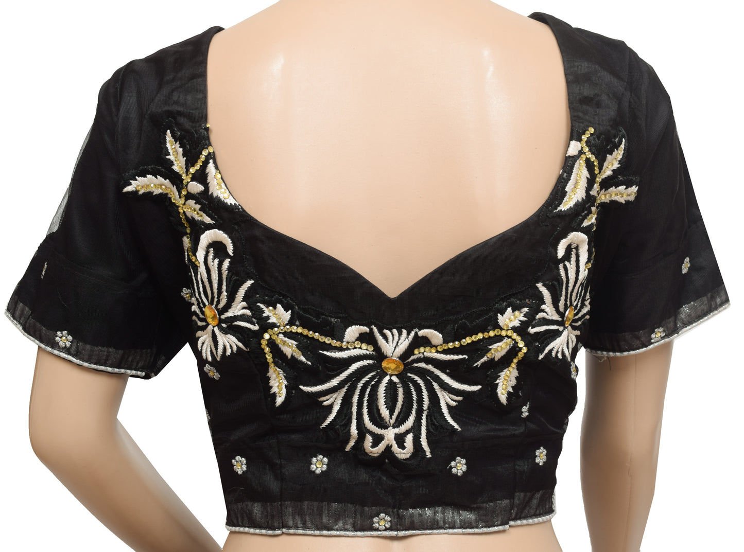 Sushila Vintage 36"Stitched Sari Blouse Black Net Floral Embroidered Top