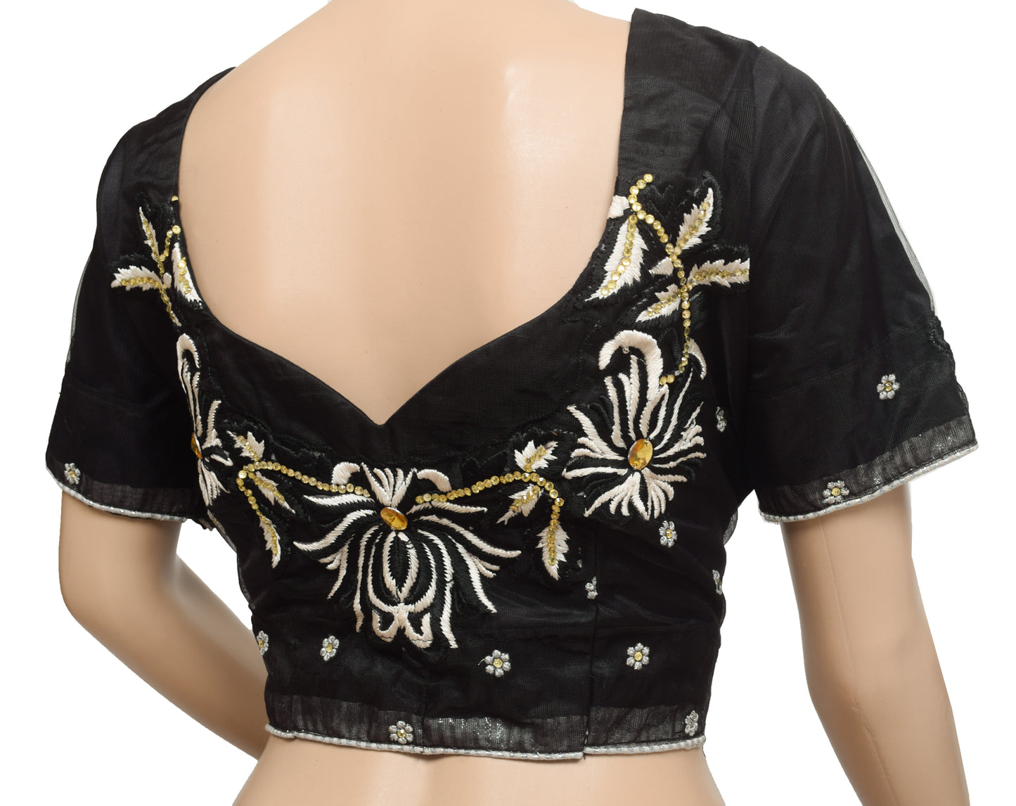 Sushila Vintage 36"Stitched Sari Blouse Black Net Floral Embroidered Top