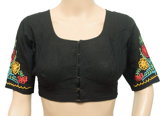 Sushila Vintage Readymade 32"Sari Blouse Black Cotton Embroidered Choli