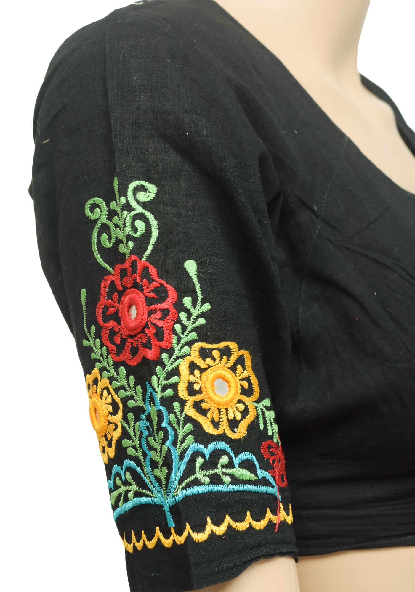 Sushila Vintage Readymade 32"Sari Blouse Black Cotton Embroidered Choli