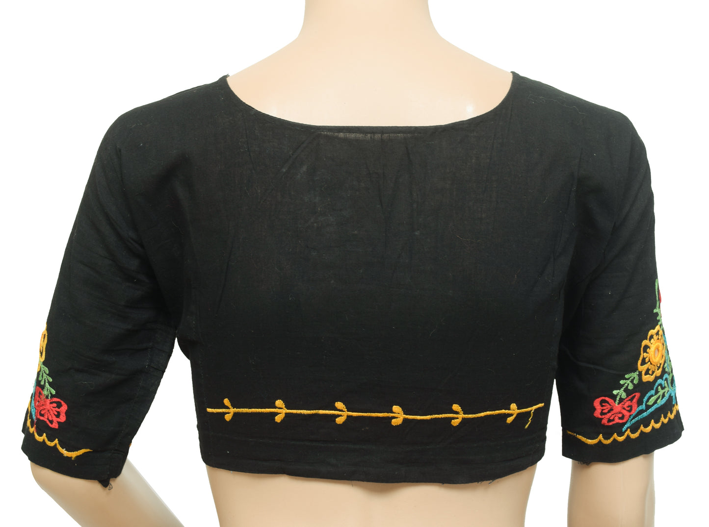 Sushila Vintage Readymade 32"Sari Blouse Black Cotton Embroidered Choli