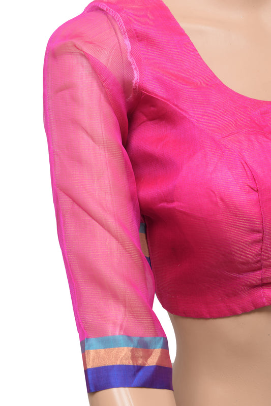 Sushila Vintage Stitched Padded Sari Blouse Tissue Silk Woven Magenta Women 30"Top