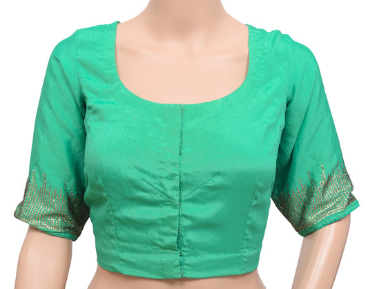 Sushila Vintage Readymade 36"Sari Blouse Aqua Green Silk Stone Work Choli