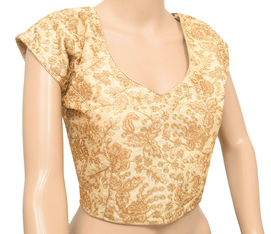 Sushila Vintage 40" Stitched Sari Blouse Cream Floral Embroidered Silk Top