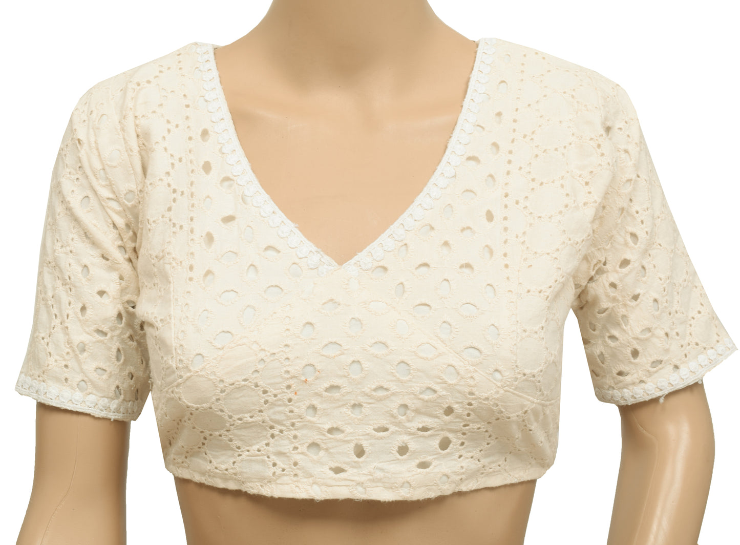 Sushila Vintage White Stitched Sari Trending Hakoba blouse V-Neck Designer Top 34"