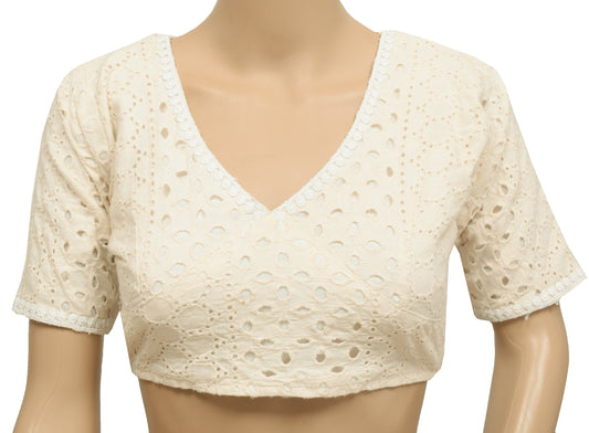 Sushila Vintage White Stitched Sari Trending Hakoba blouse V-Neck Designer Top 34"