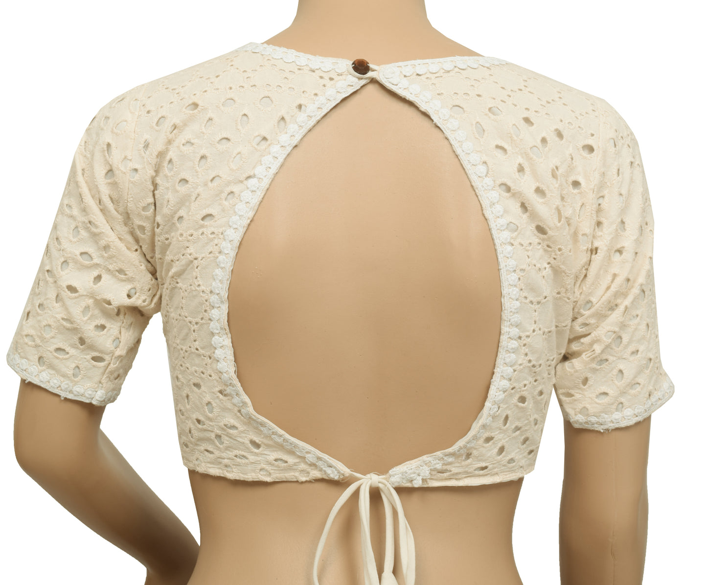 Sushila Vintage White Stitched Sari Trending Hakoba blouse V-Neck Designer Top 34"