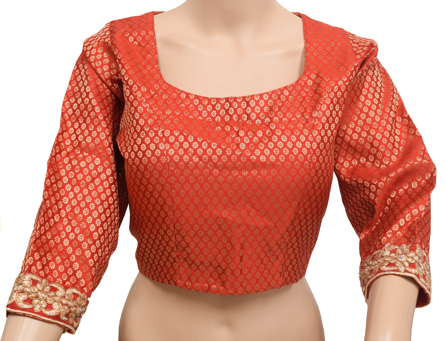 Sushila Vintage 38" Stitched Sari Blouse Red Woven Wedding Wear Silk Top