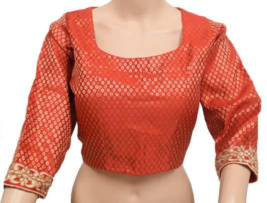Sushila Vintage 38" Stitched Sari Blouse Red Woven Wedding Wear Silk Top