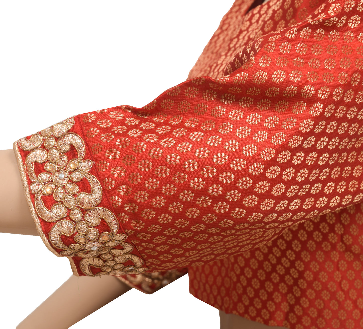 Sushila Vintage 38" Stitched Sari Blouse Red Woven Wedding Wear Silk Top