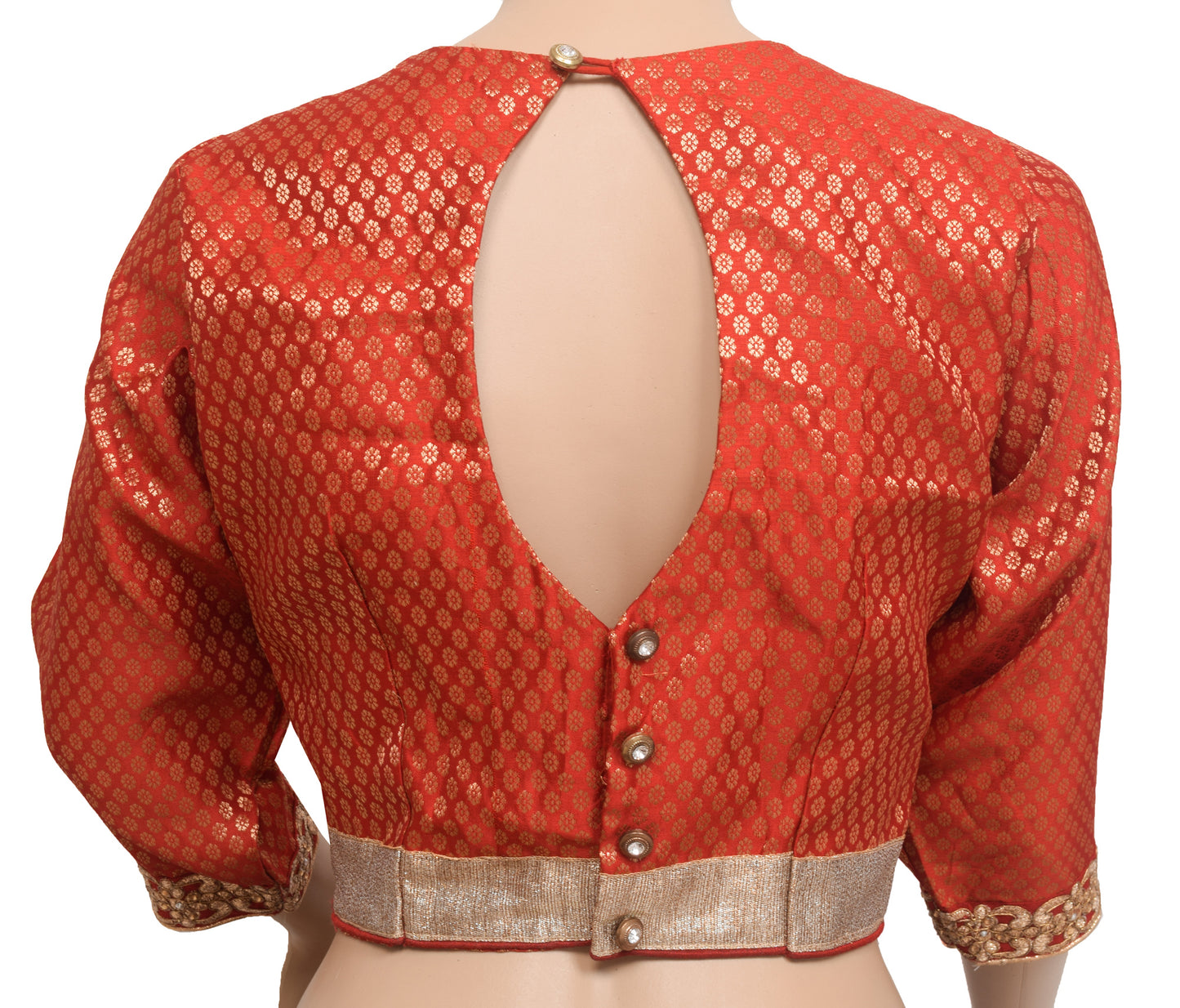 Sushila Vintage 38" Stitched Sari Blouse Red Woven Wedding Wear Silk Top