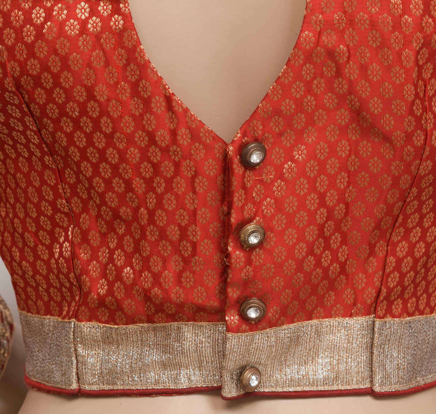 Sushila Vintage 38" Stitched Sari Blouse Red Woven Wedding Wear Silk Top