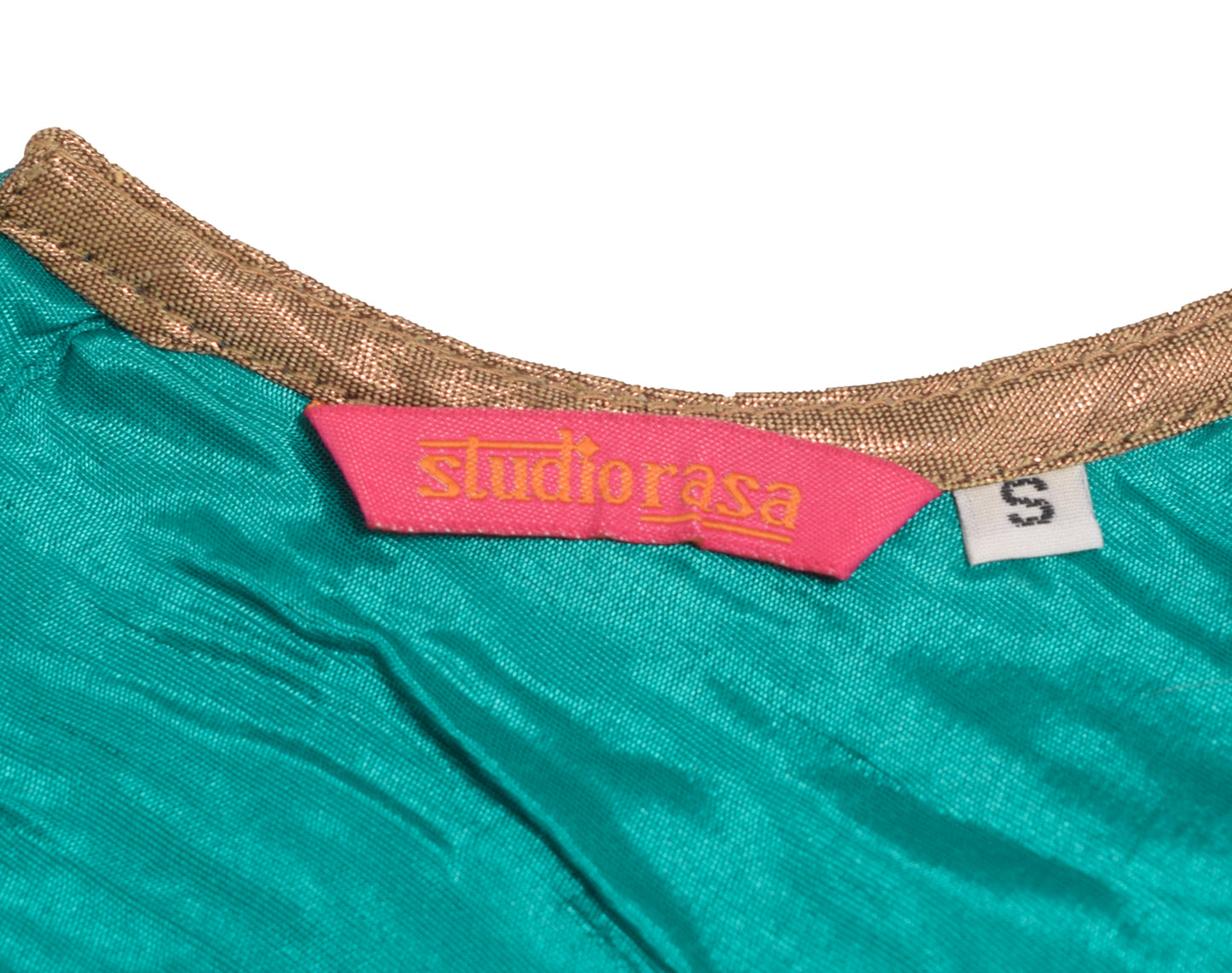 Sushila Vintage Stitched Sari Blouse Teal Green Round Neck Branded Silk Top 34"